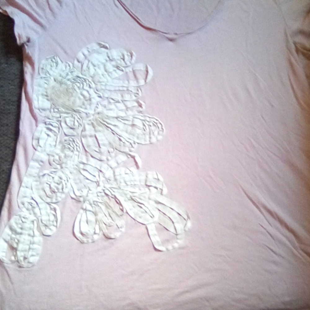 Banana Republic Light Pink Tee With Off White Embroidered Roses Vneck